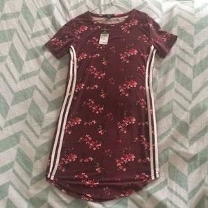 Burgundy Bodycon Shirt Dress, Striped, Flowers